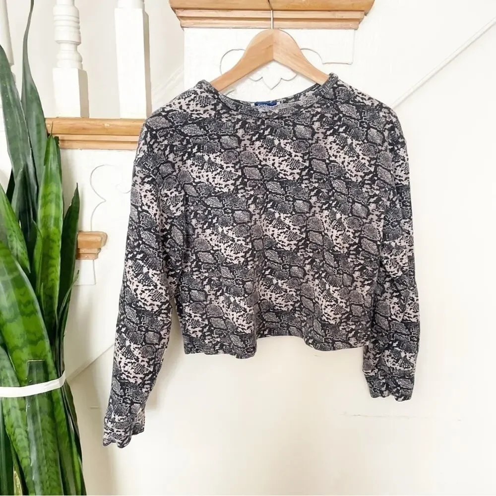 Zara Gray Snakeskin Print Long Sleeve Cotton Blend Cropped Sweatshirt Size S